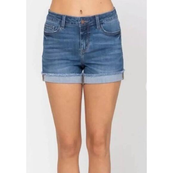 Judy Blue Mid Rise Denim Short Cuffed Hem Med Wash Stretch Women's 1XL- JB150038 - Picture 1 of 9